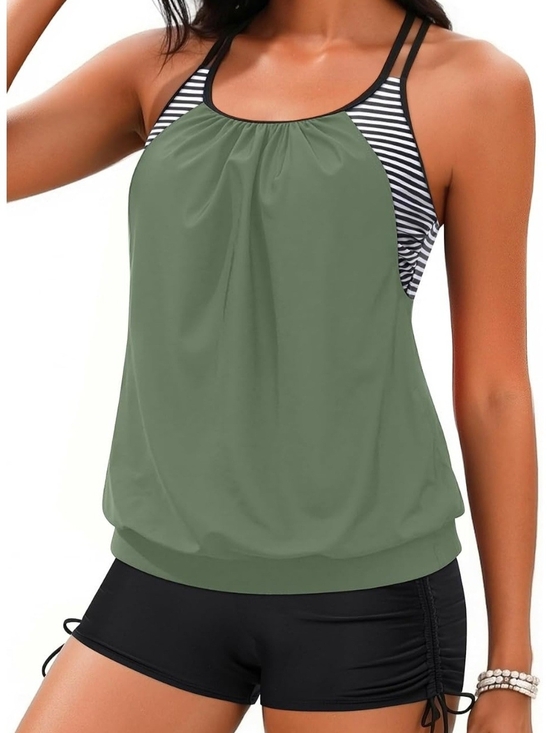 Holipick Other - Holipick Tankini Set - Army Green/Striped Multi-Strap Top & Black Boyshorts, XL